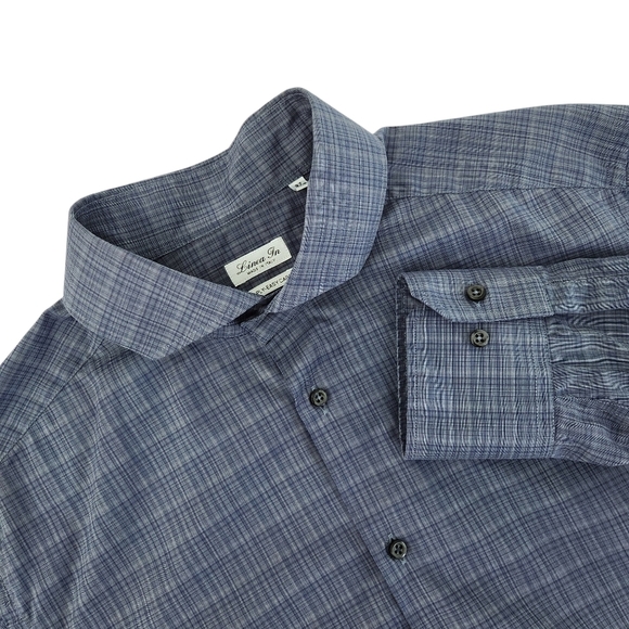 LINEA IN 100% Cotton Plaid Blue Button-Down dress Shirt made in Italy neck 17.5 - Picture 1 of 13